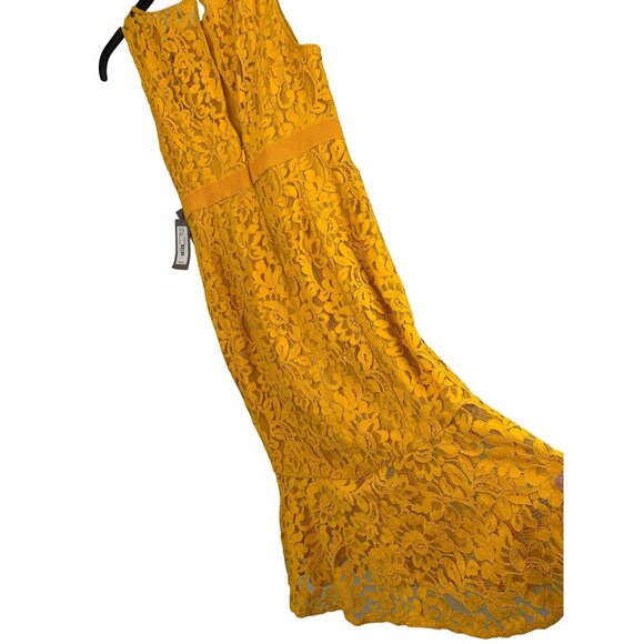 NWT Eva Mendes NY & Co 8 Mustard Lace Overlay Midi SL Dress Ruffle Hem 6828 - Picture 6 of 12